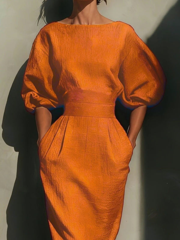 Round Neck Puff Sleeves Midi Dress - product image 2