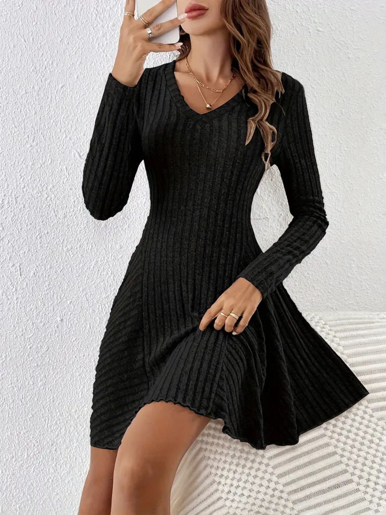 Ribbed Knit Long Sleeve A-Line Dress view 2 - Shopiebay