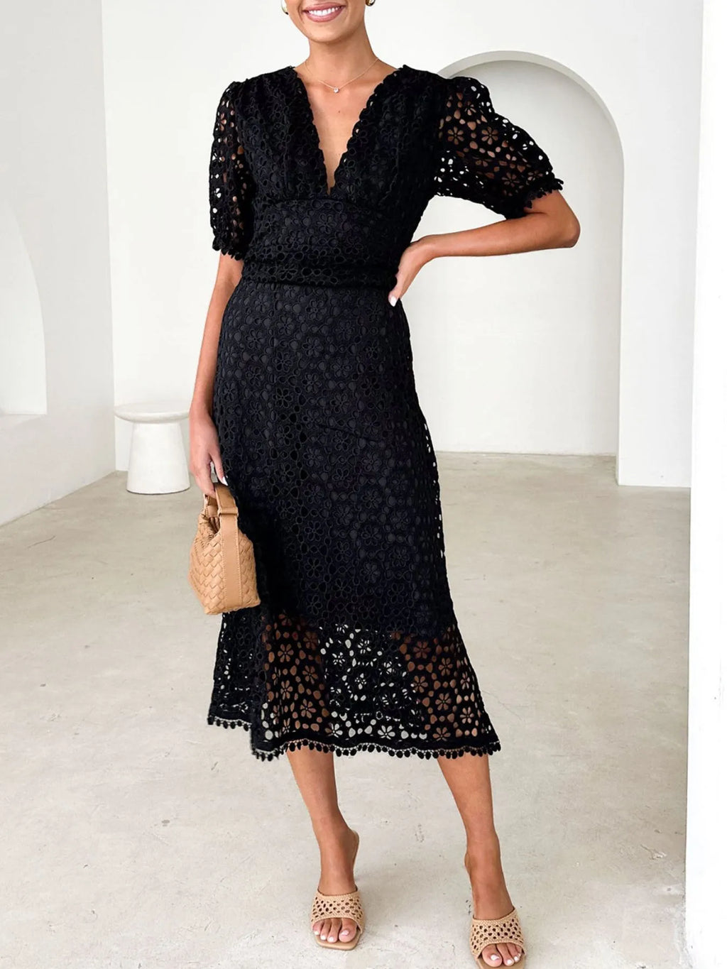 Eyelet Lace V-Neck Midi Dress with Puff Sleeves - product image 6