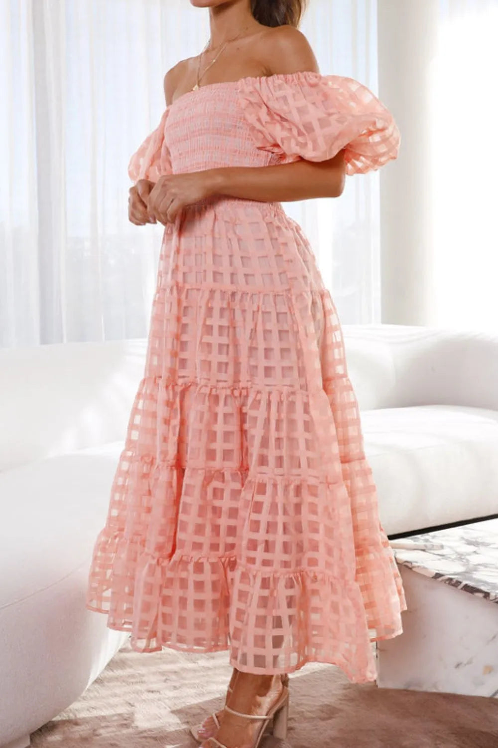 Off Shoulder Short Puff Sleeve Midi Dress view 4 - Shopiebay