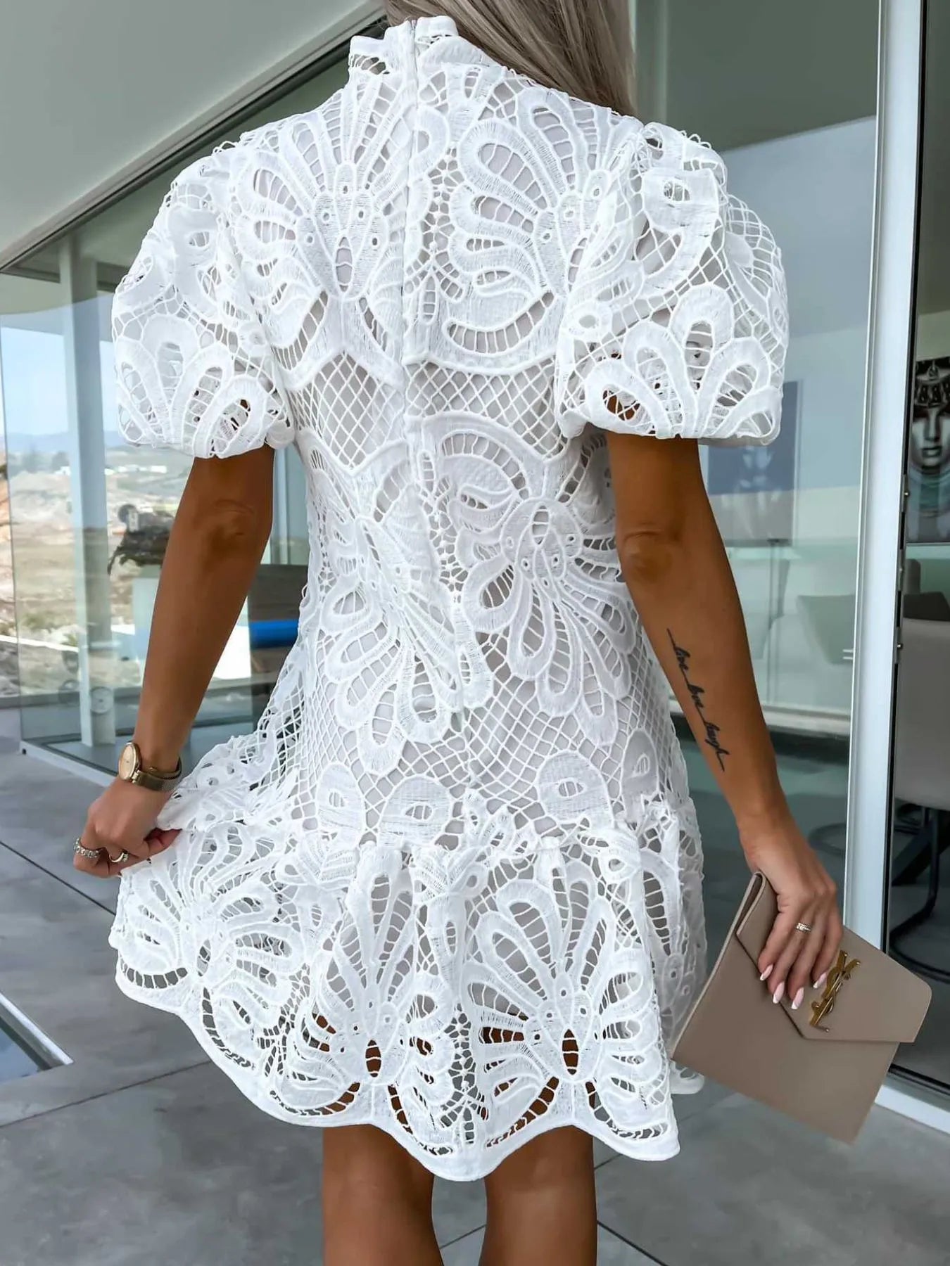 Lace Mock Neck Puff Sleeve Dress Secondary image