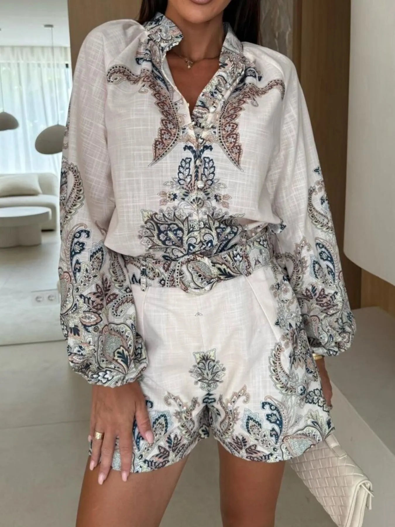 Printed Long Sleeve Shirt and Shorts Set Secondary image