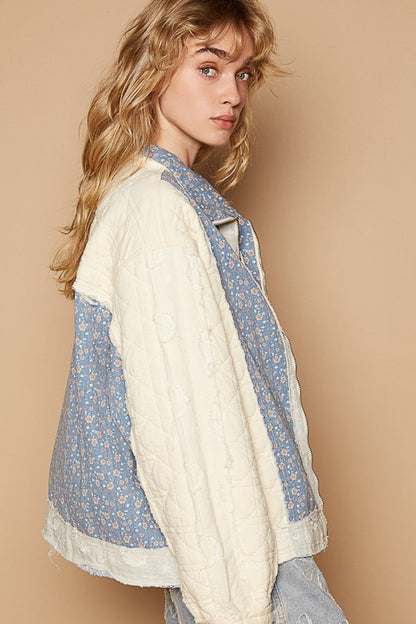 POL Floral Patchwork Zip Up Long Sleeve Jacket