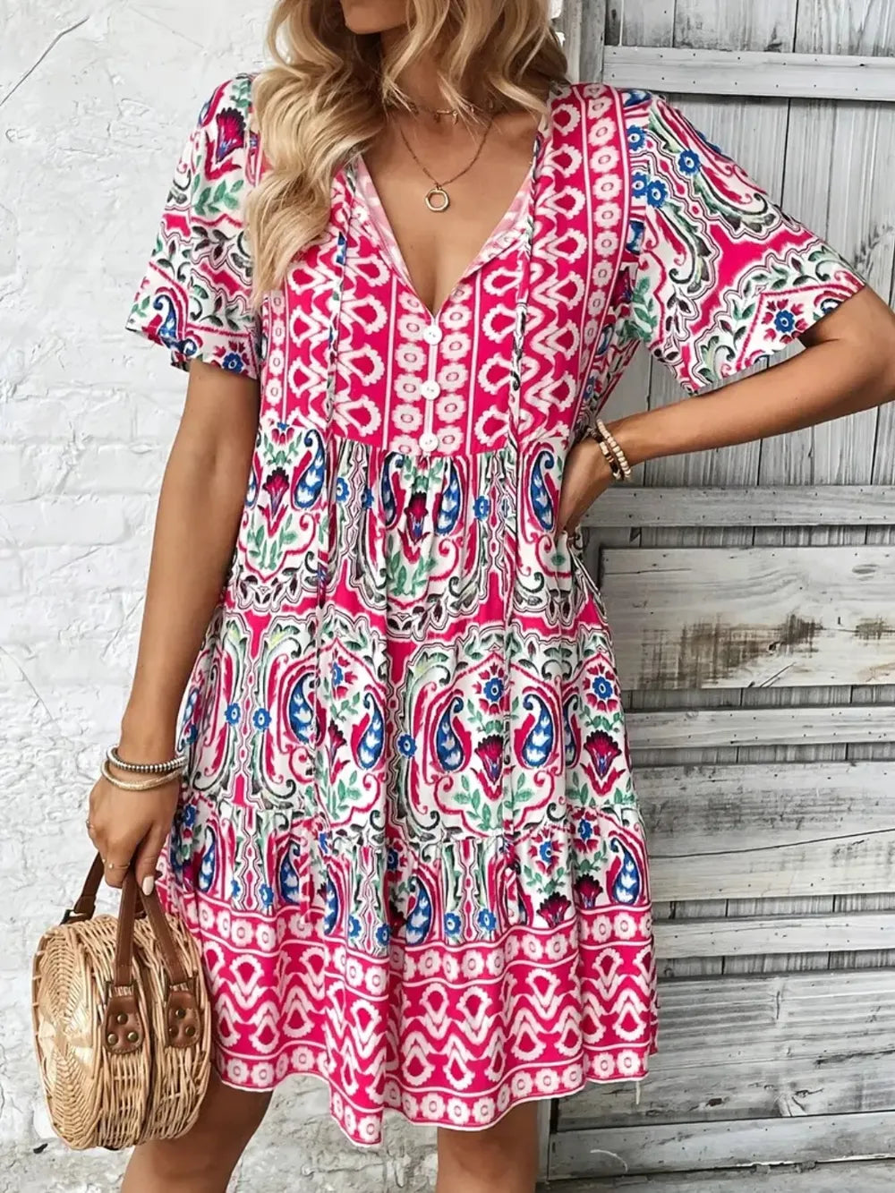 Printed Tie Neck Short Sleeve Dress - Shopiebay women's boutique