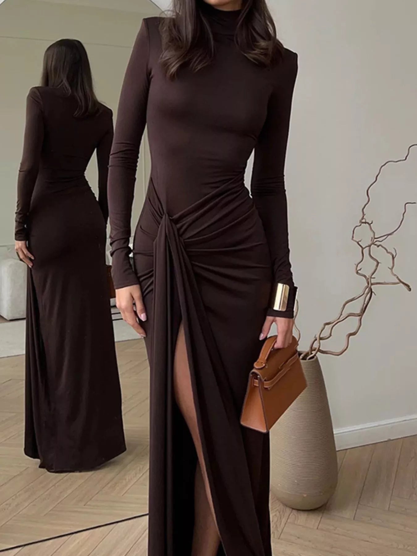 Turtleneck Long Sleeve Slit Maxi Dress Main image