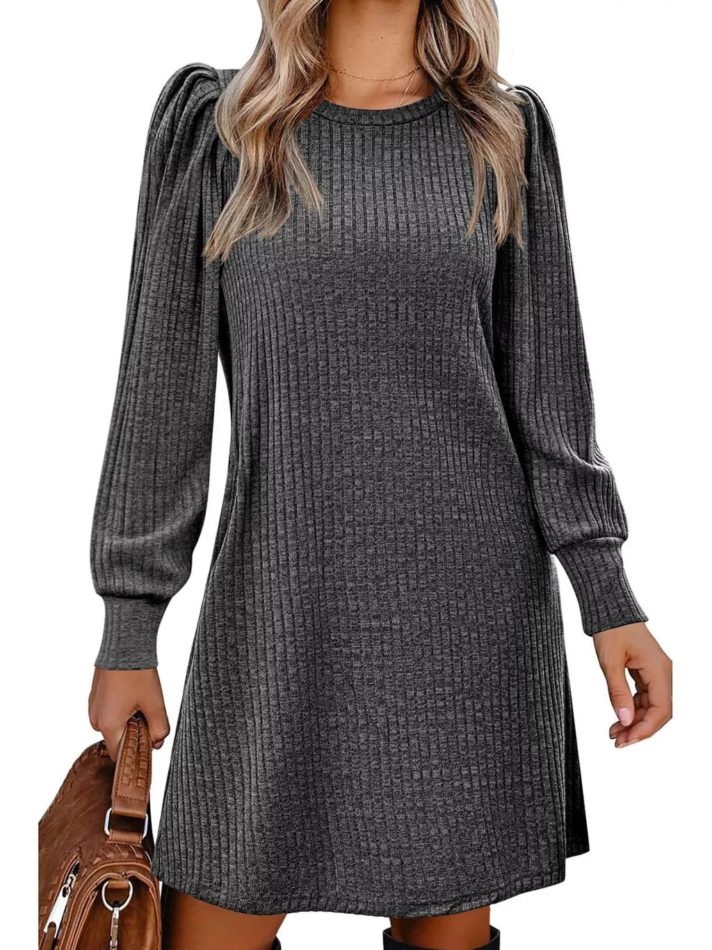 Ribbed Knit Puff Sleeve Casual Mini Dress - product image 17