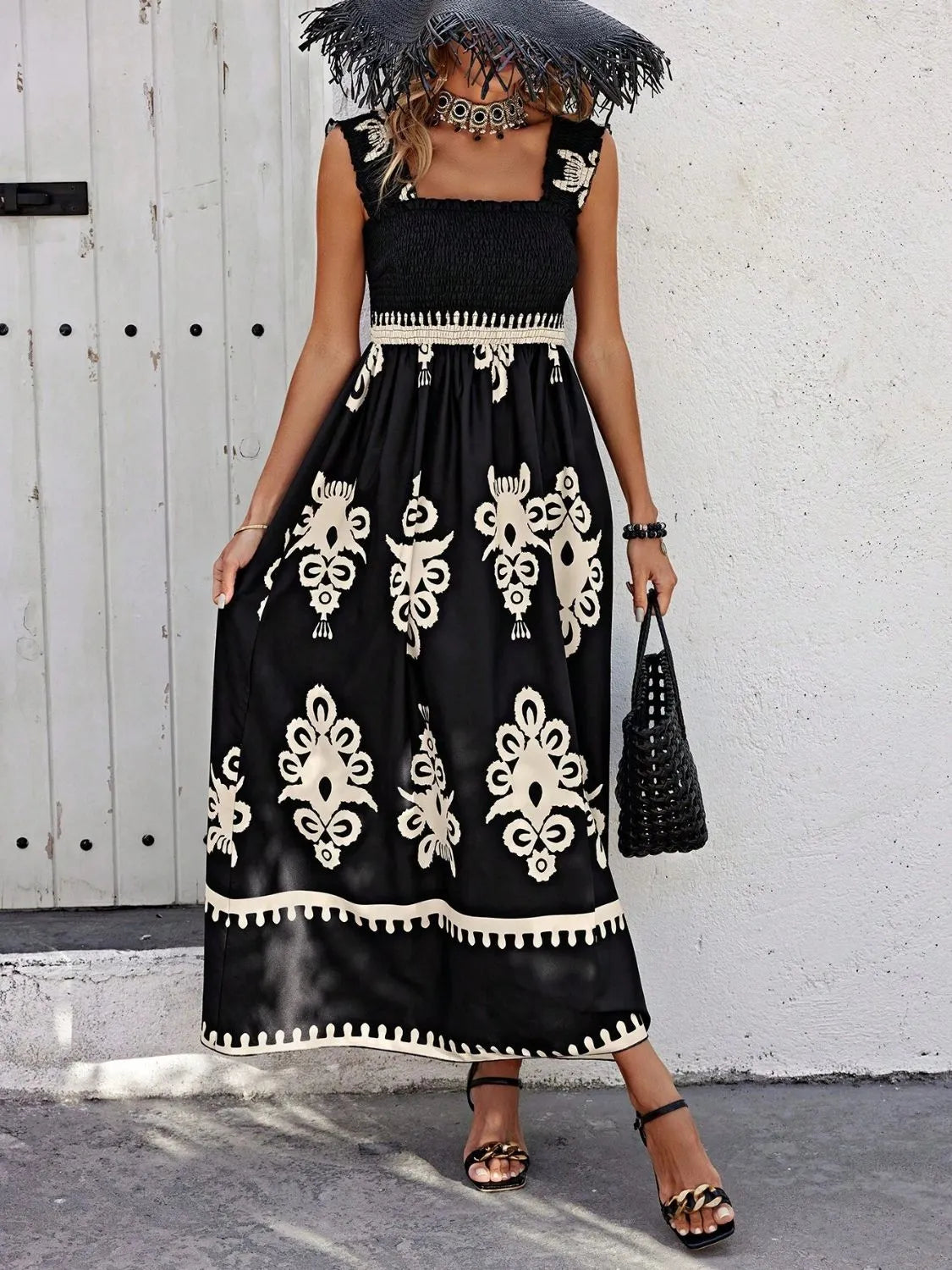 Smocked Printed Wide Strap Maxi Dress Main image