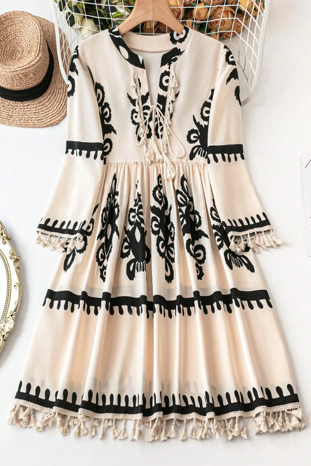 Tassel Printed Three-Quarter Sleeve Mini Dress view 2 - Shopiebay