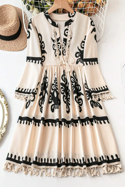Tassel Printed Three-Quarter Sleeve Mini Dress view 2 - Shopiebay