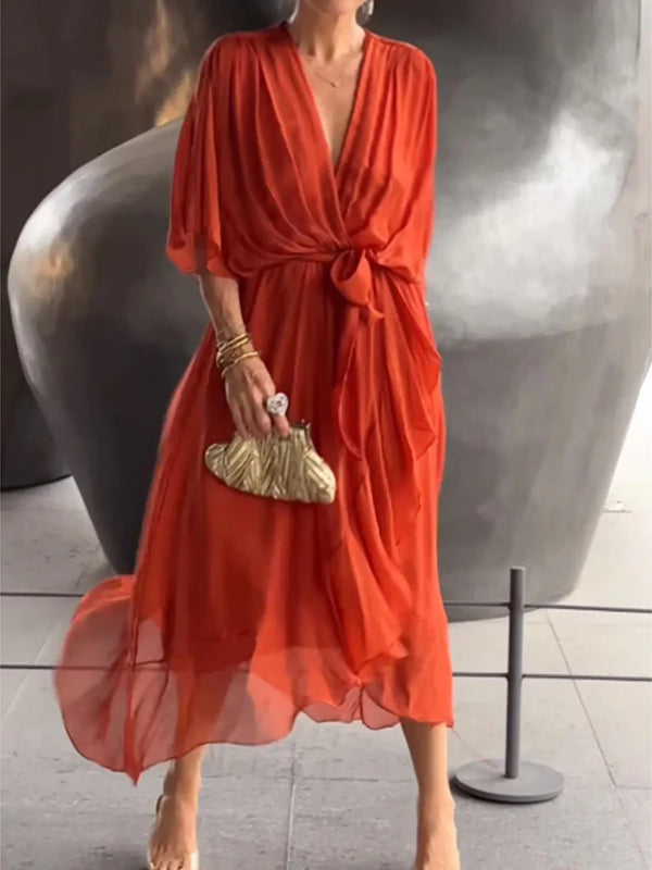 Flowy Tie Front Midi Dress with Flutter Sleeves - product image 4