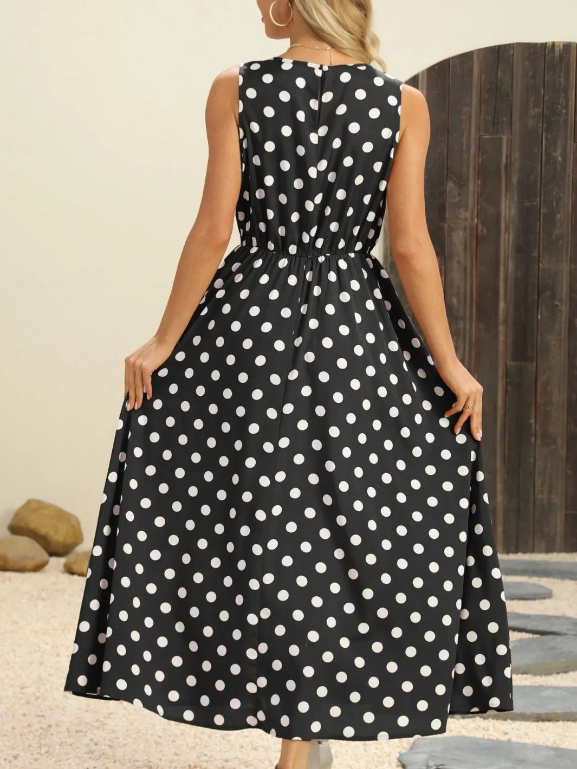 Polka Dot Round Neck Sleeveless Midi Dress view 3 - Shopiebay