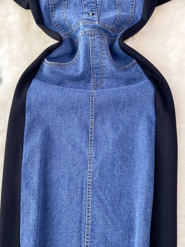 Full Size Denim Patchwork Short Sleeve Slit Back Dress Plus Size - product image 13