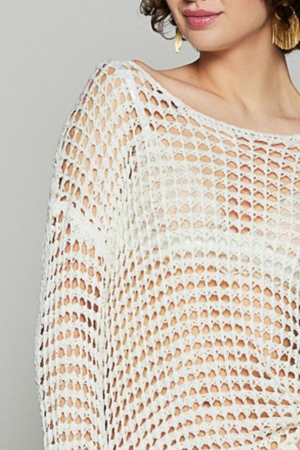 POL Side Slit Openwork Long Sleeve Knit Cover Up