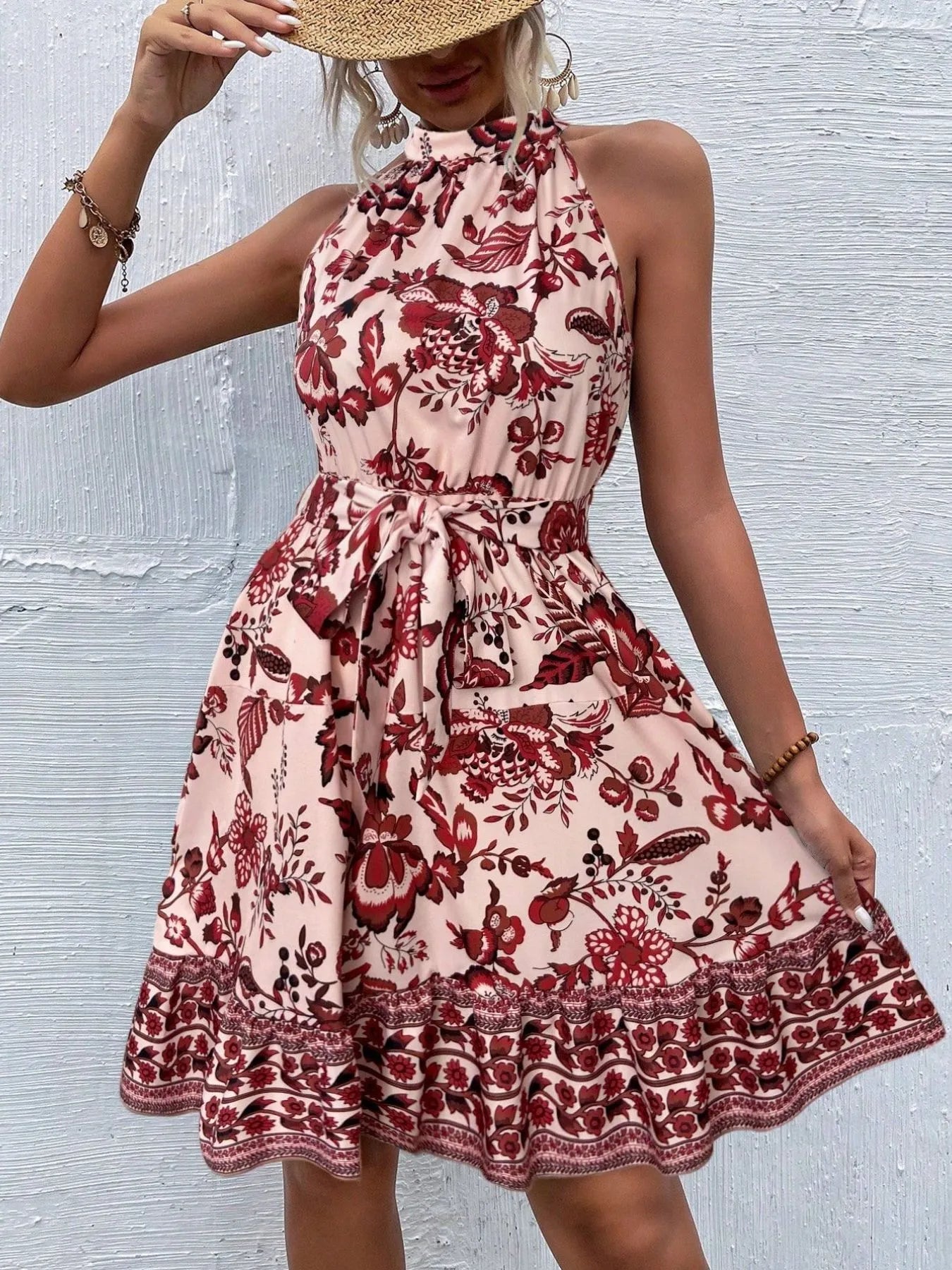 Floral Halter Neck Summer Dress with Belt view 5 - Shopiebay
