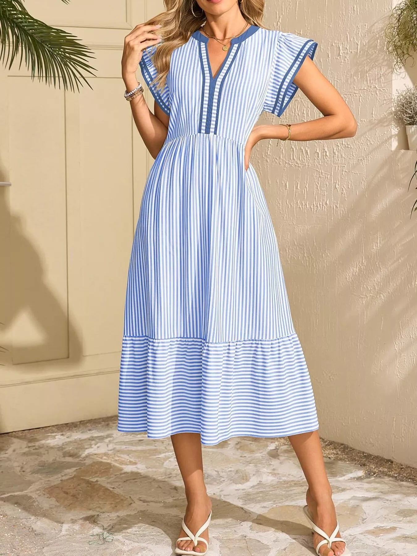 Striped Notched Ruffle Sleeve Dress Main image