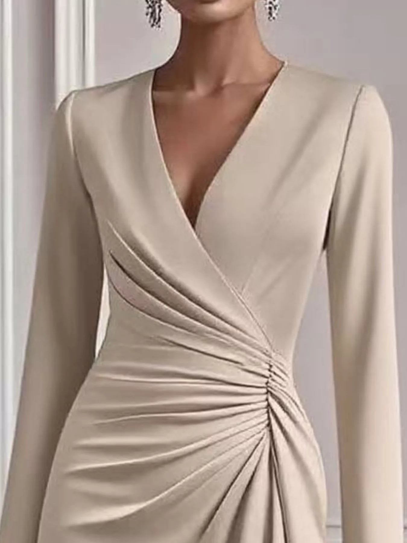 Front Ruched V-Neck Long Sleeve Dress view 2 - Shopiebay