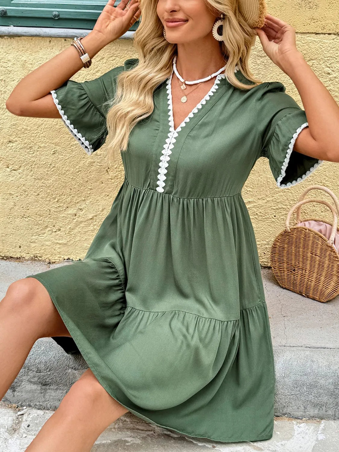 Lace Detail Notched Flounce Sleeve Mini Dress view 5 - Shopiebay