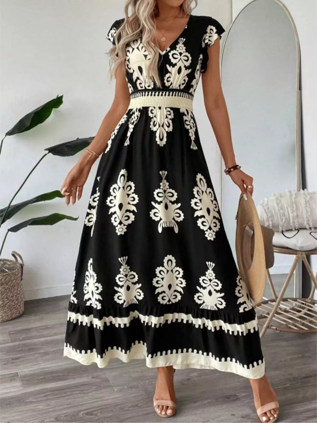 Printed V-Neck Ruffled Cap Sleeve Dress - product image 11