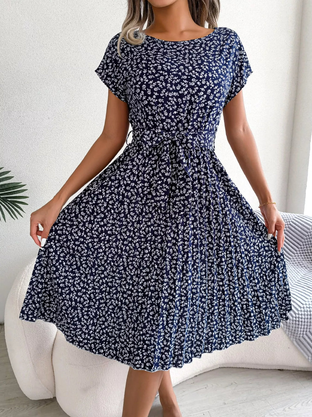 Women's Floral Pleated Midi Dress with Belt – Casual Spring Style - product image 6