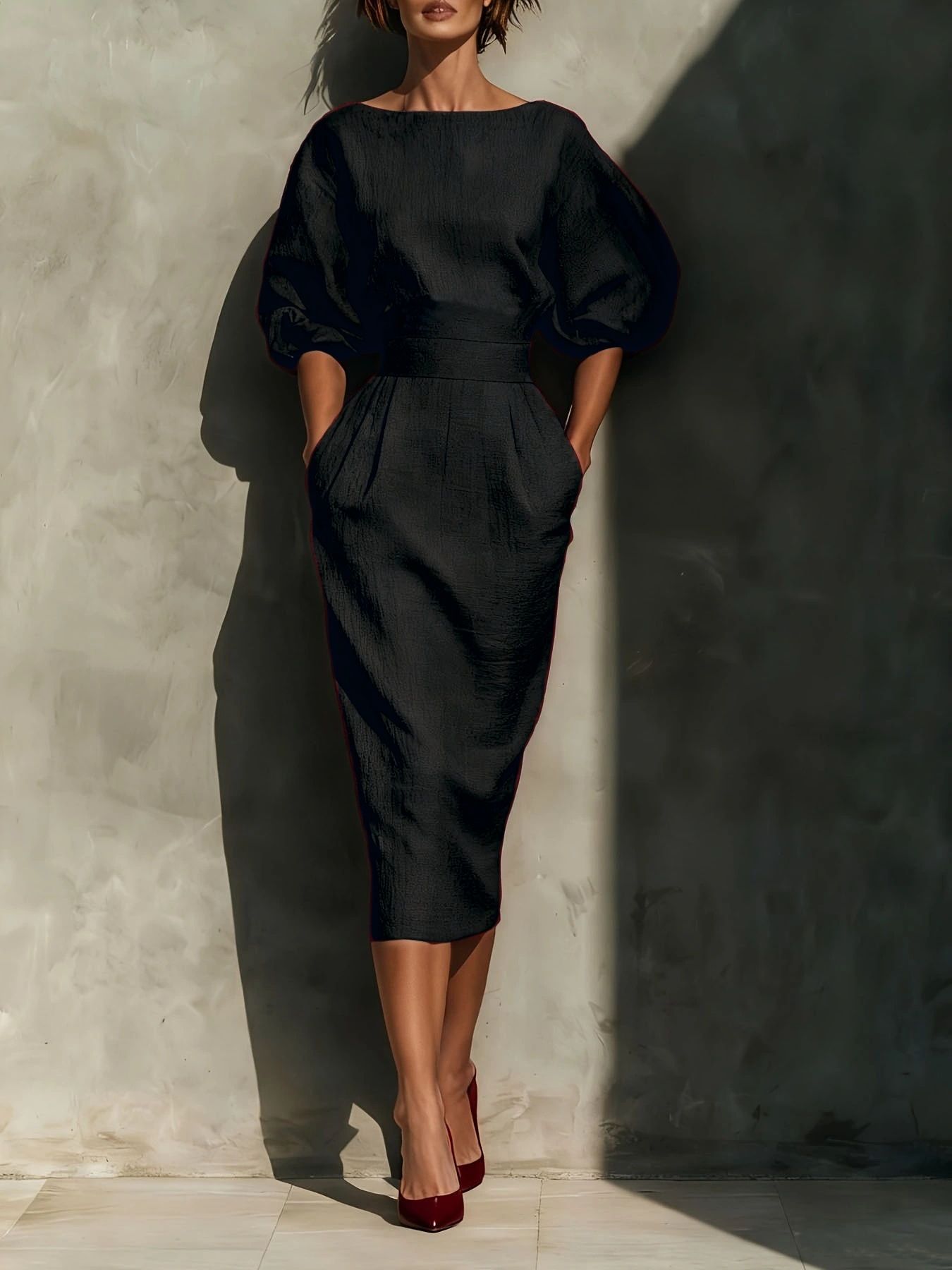 Round Neck Puff Sleeves Midi Dress - product image 3