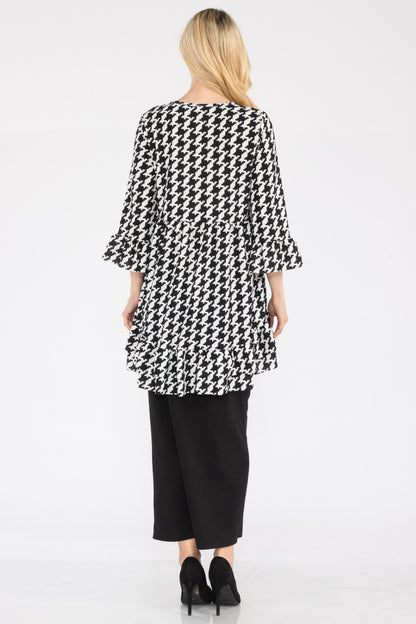 Celeste Full Size Houndstooth Flounce Sleeve High-Low Top