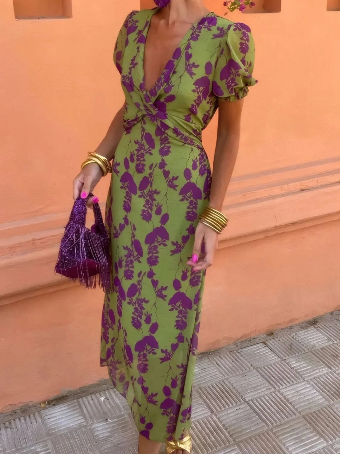 Printed Plunge Short Sleeve Midi Dress - product image 4