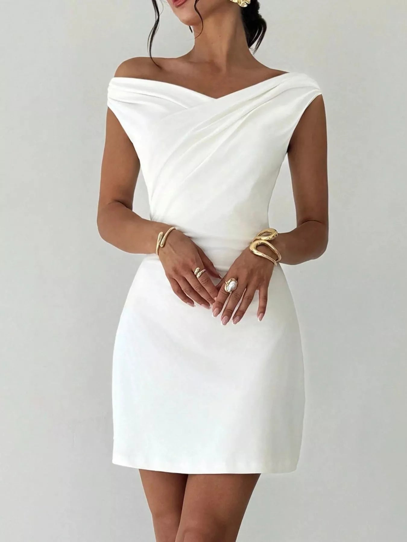 Elegant Off-Shoulder Draped Mini Dress - Shopiebay women's boutique