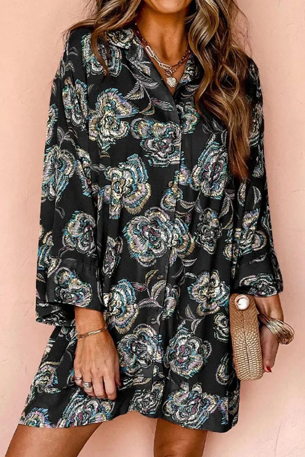 Printed Button Up Three-Quarter Sleeve Shirt Dress - product image 4