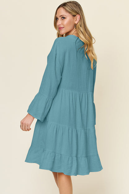 Double Take Full Size Texture Button Up Ruffle Hem Dress