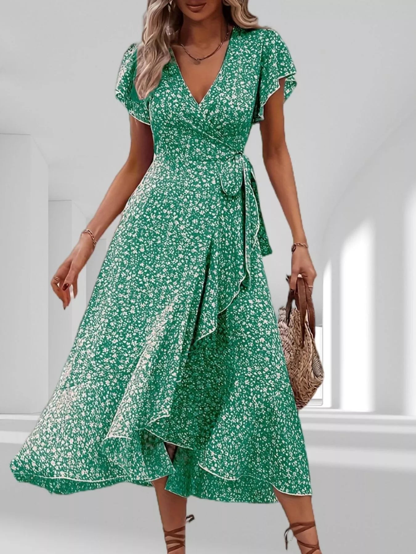 Floral Print Ruffle Hem Wrap Midi Dress view 3 - Shopiebay