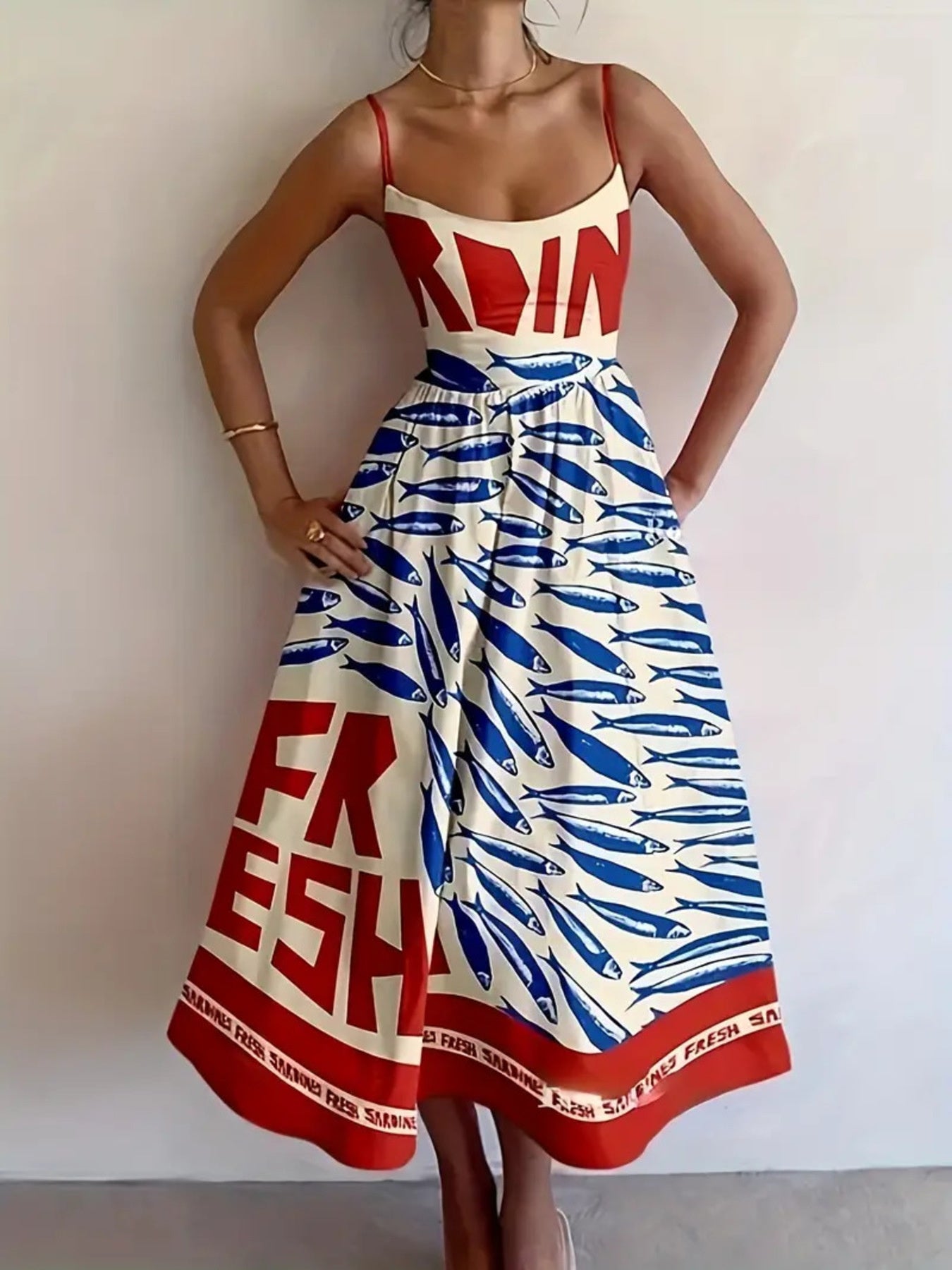 Sardine Print Spaghetti Strap Midi Dress - Shopiebay women's boutique