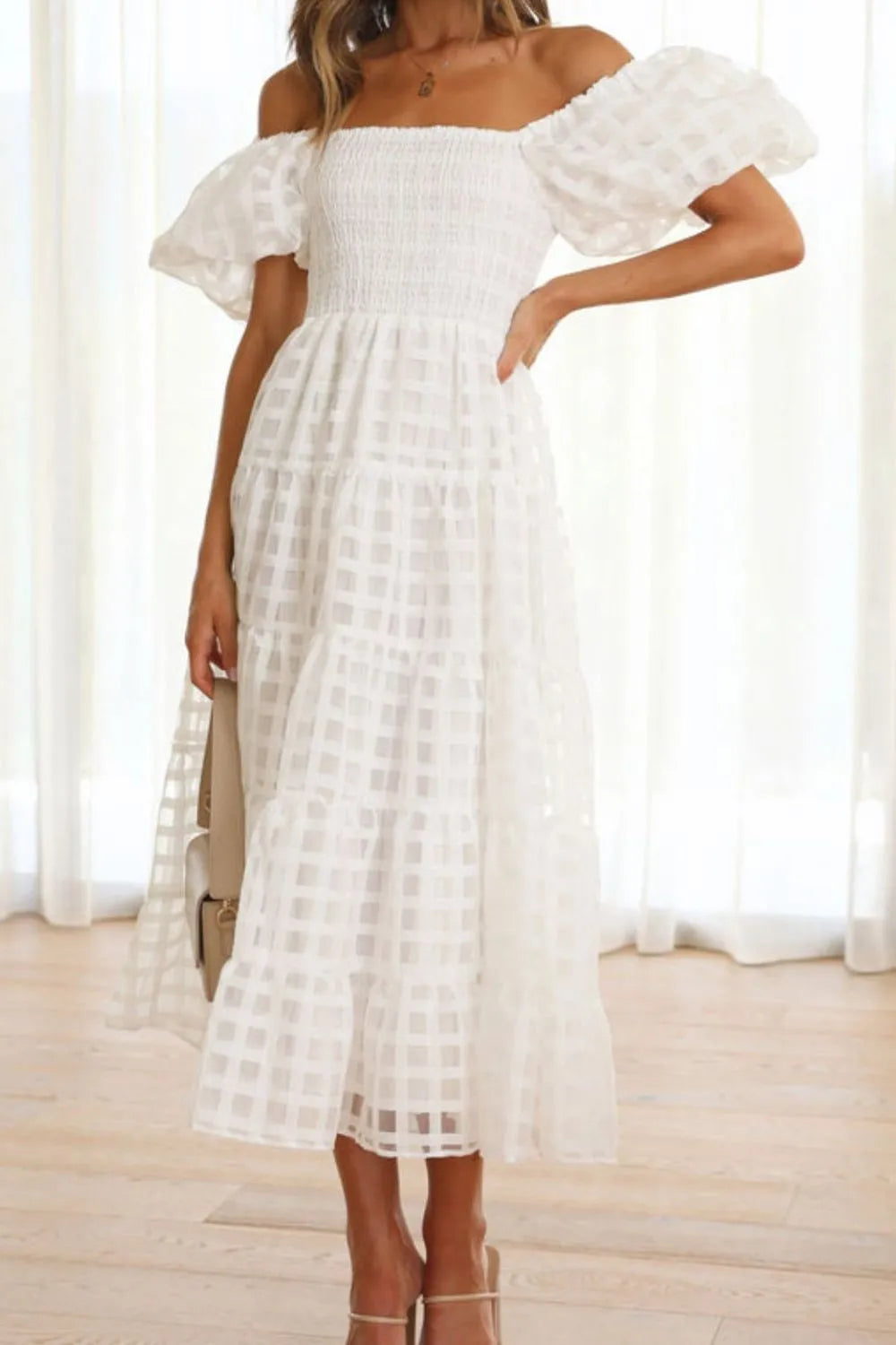 Off Shoulder Short Puff Sleeve Midi Dress - product image 13