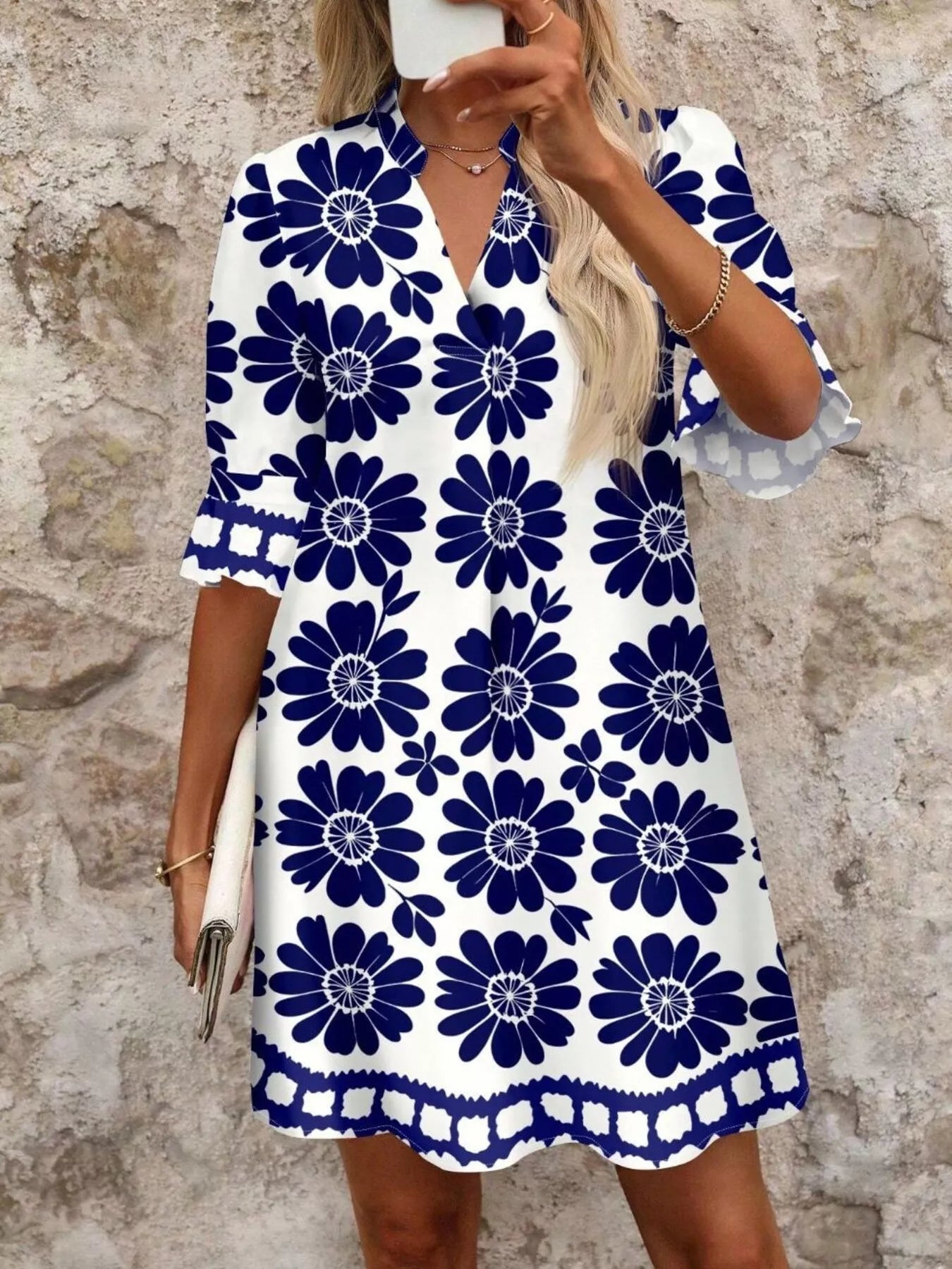 Floral Print Notched Ruffle Sleeve Mini Dress view 2 - Shopiebay