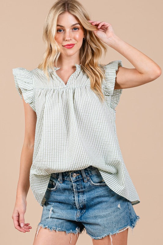 Ces Femme Plaid Notched Ruffled Cap Sleeve Blouse