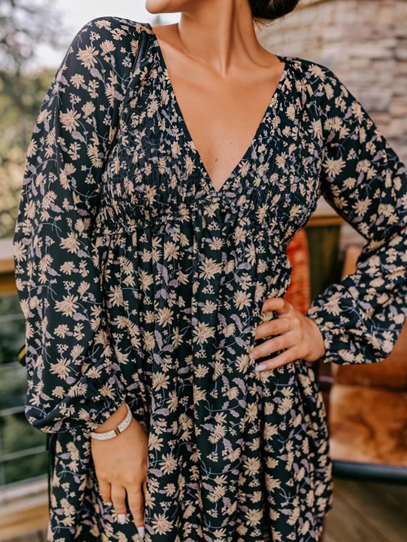 Floral Deep V Neck Smocked Bust Bubble Sleeve Babydoll Dress Secondary image
