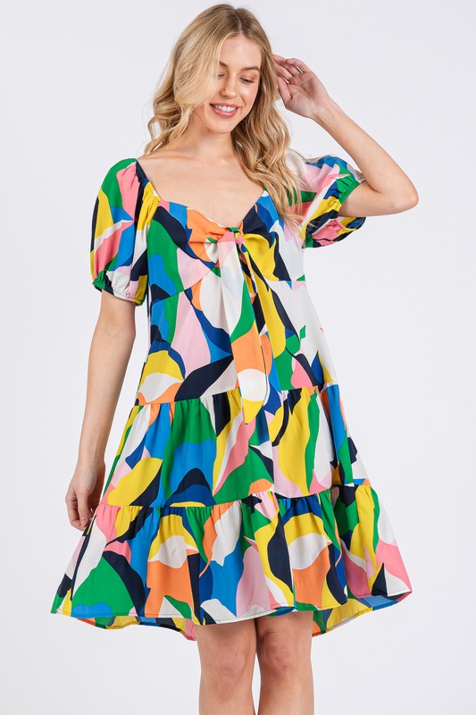 Ces Femme Abstract Print Sweetheart Neck Puff Sleeve Dress