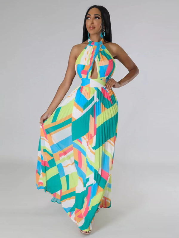 Halter Neck Geometric Print Pleated Maxi Dress - product image 9