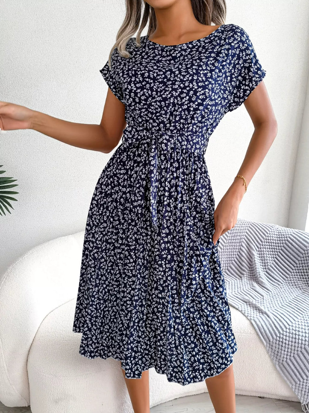 Women's Floral Pleated Midi Dress with Belt – Casual Spring Style - product image 7