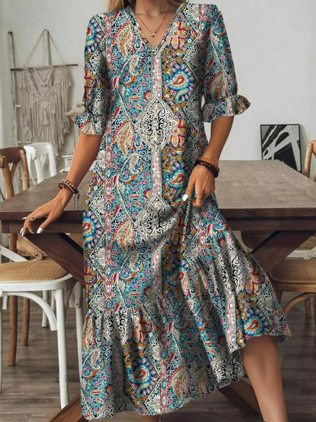 Bohemian Paisley Print V-Neck Midi Dress - product image 10