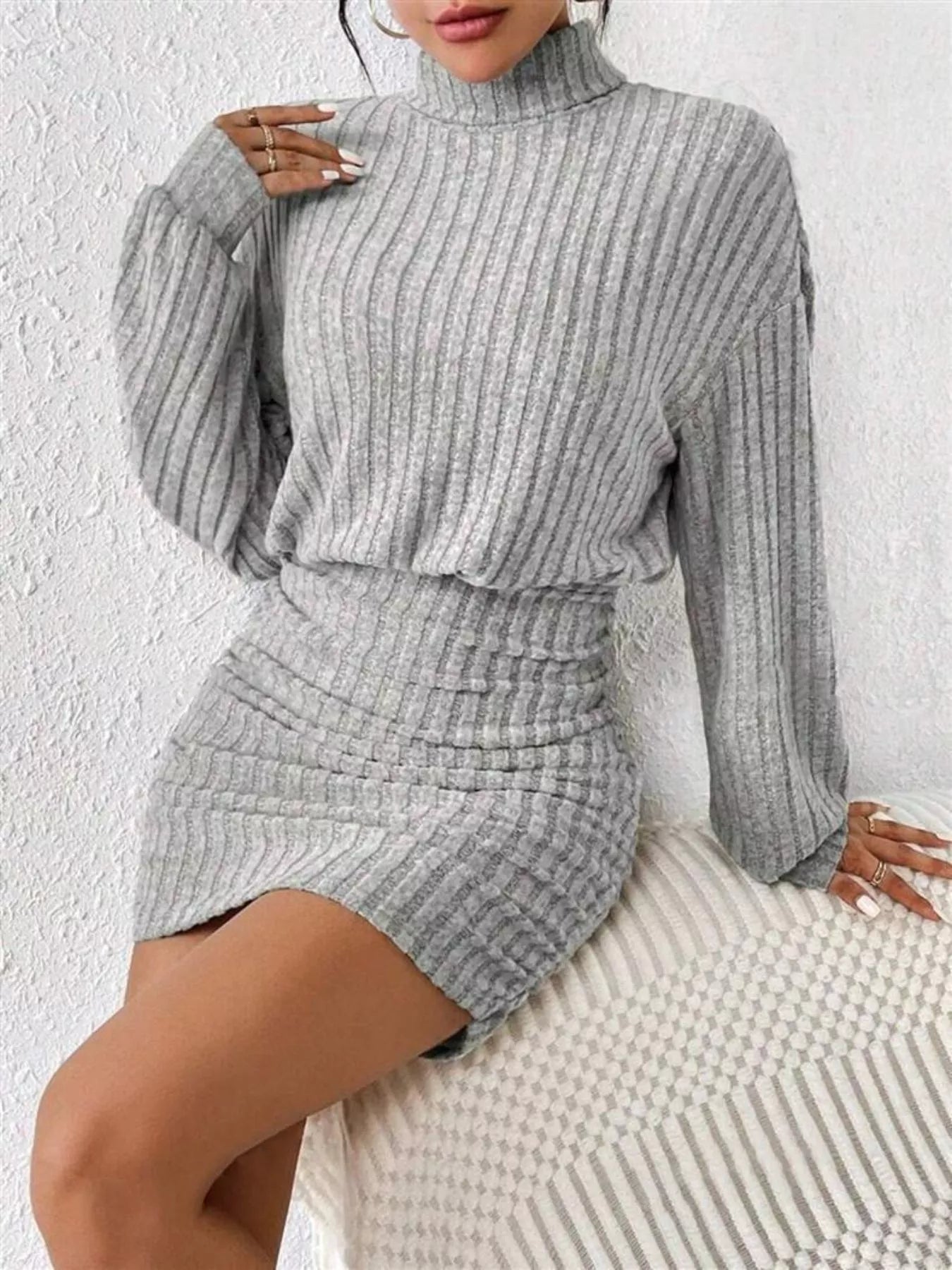 Ribbed Knit Turtleneck Bodycon Mini Dress view 2 - Shopiebay