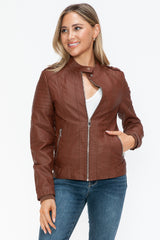 Snobbish PU Leather Biker Jacket with Side Zip Pockets