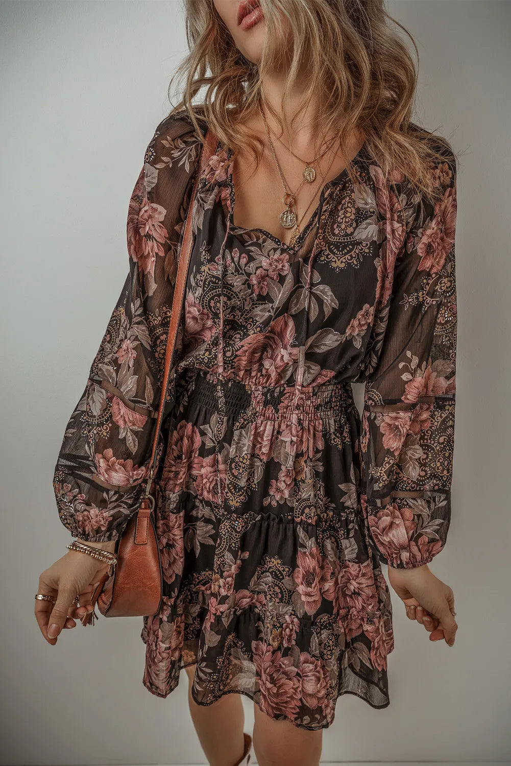 Printed Tie Neck Long Sleeve Mini Dress Main image