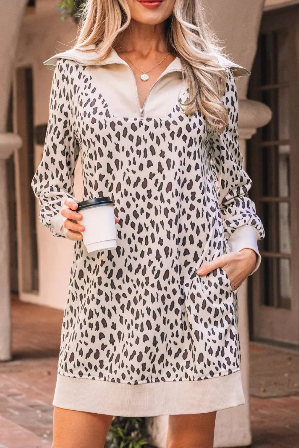 Leopard Print Zip up Collar Patchwork Shift Mini Dress Secondary image