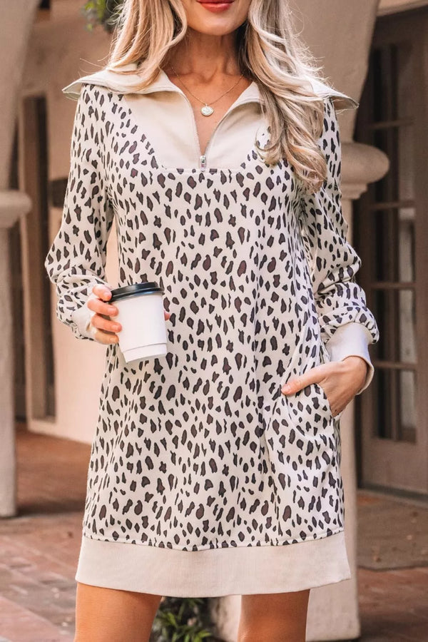 Leopard Print Zip up Collar Patchwork Shift Mini Dress - product image 2