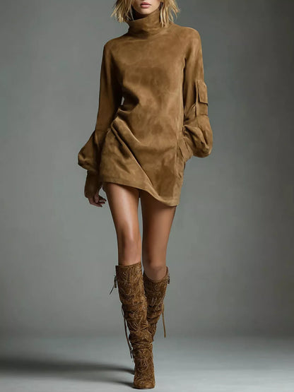 Full Size Suede Turtleneck Lantern Sleeve Mini Dress Plus Size - Shopiebay women's boutique