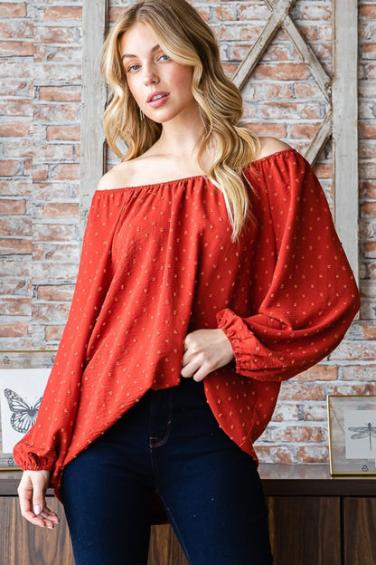 Heimish Full Size Swiss Dot Off Shoulder Top