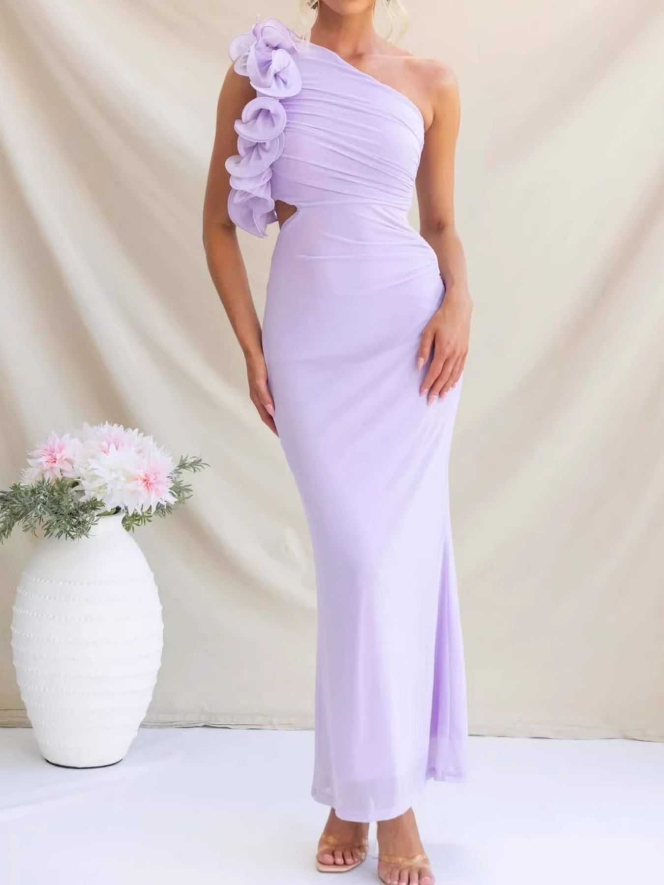 One-Shoulder Floral Trim Sleeveless Maxi Dress - product image 16