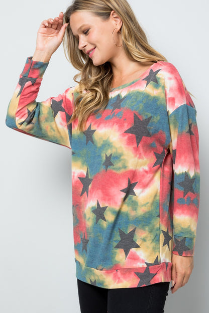 Celeste Tie-Dye Star Round Neck Long Sleeve T-Shirt