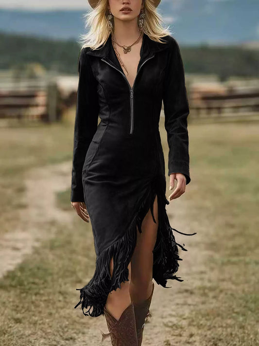 Full Size Fringe Hem Zip Front Bodycon Dress Plus Size - Shopiebay women's boutique