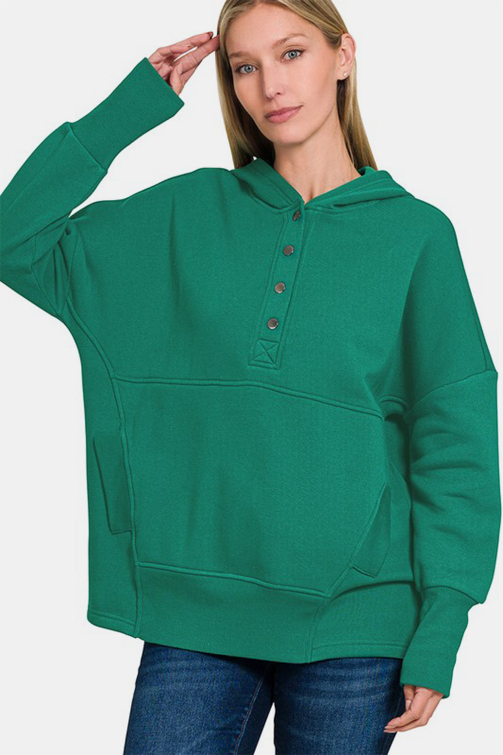 Zenana Half Snap Long Sleeve Hoodie with Kangaroo Pocket